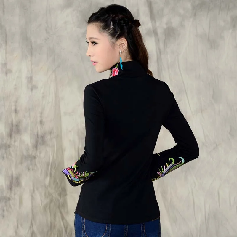 Рубашка в китайском стиле Женская 2019 Этническая черная белая блузка с вышивкой