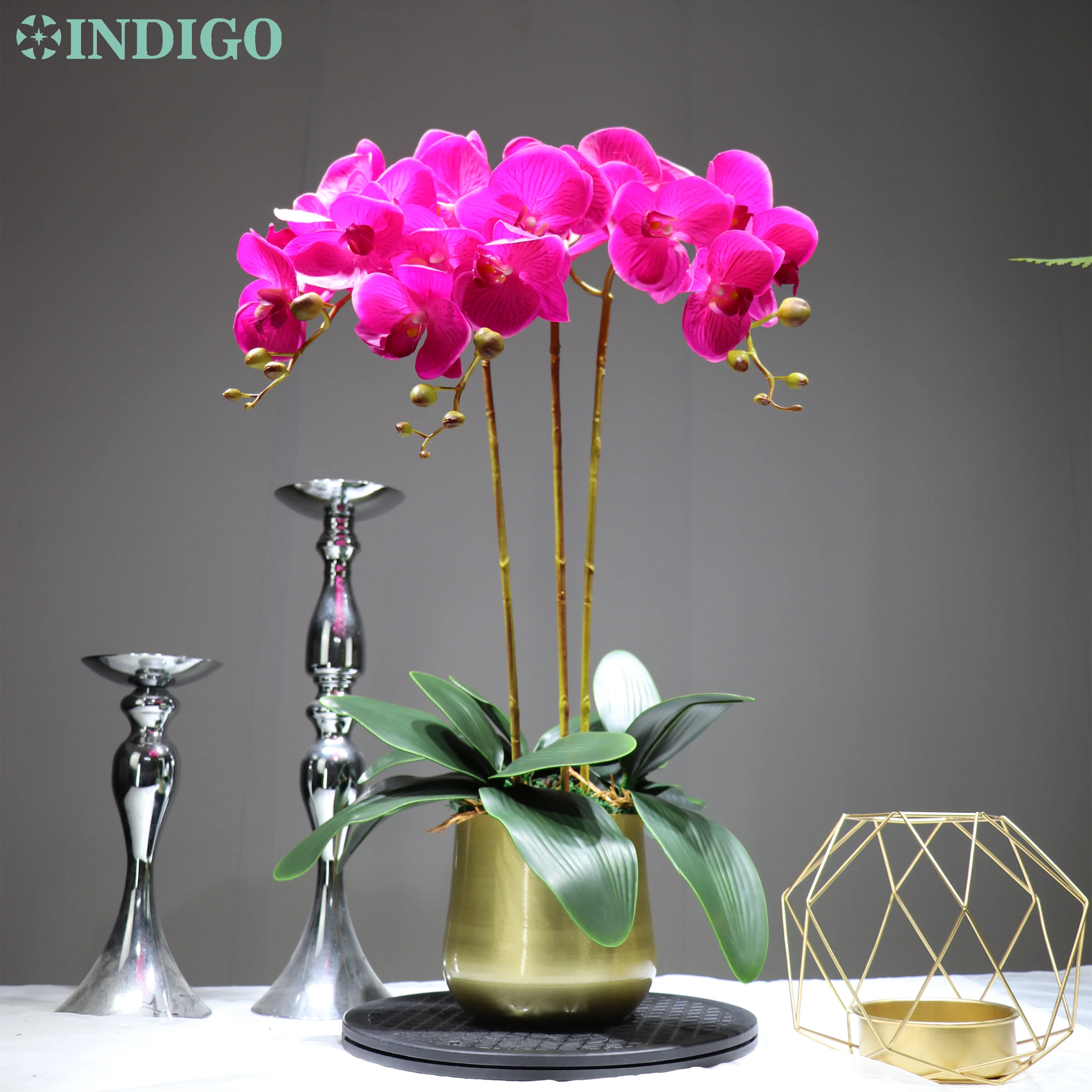 Орхидея 90 см (3 орхидеи + 3 листа Металлический горшок) реалистичный цветок на