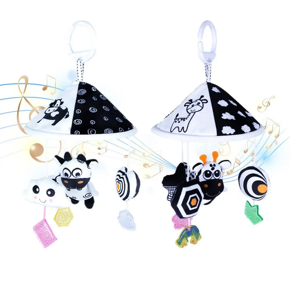 

Black White Baby Toy Car Hanging Trolley Hanging Umbrella Wind Chime Early Education Toy Bell Soft Plush Animal Crib Wind Chime