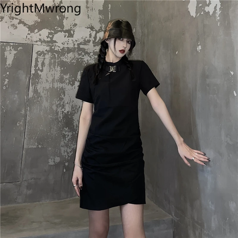 Черная водолазка с поясом в стиле панк пикантное готическое элегантное мини