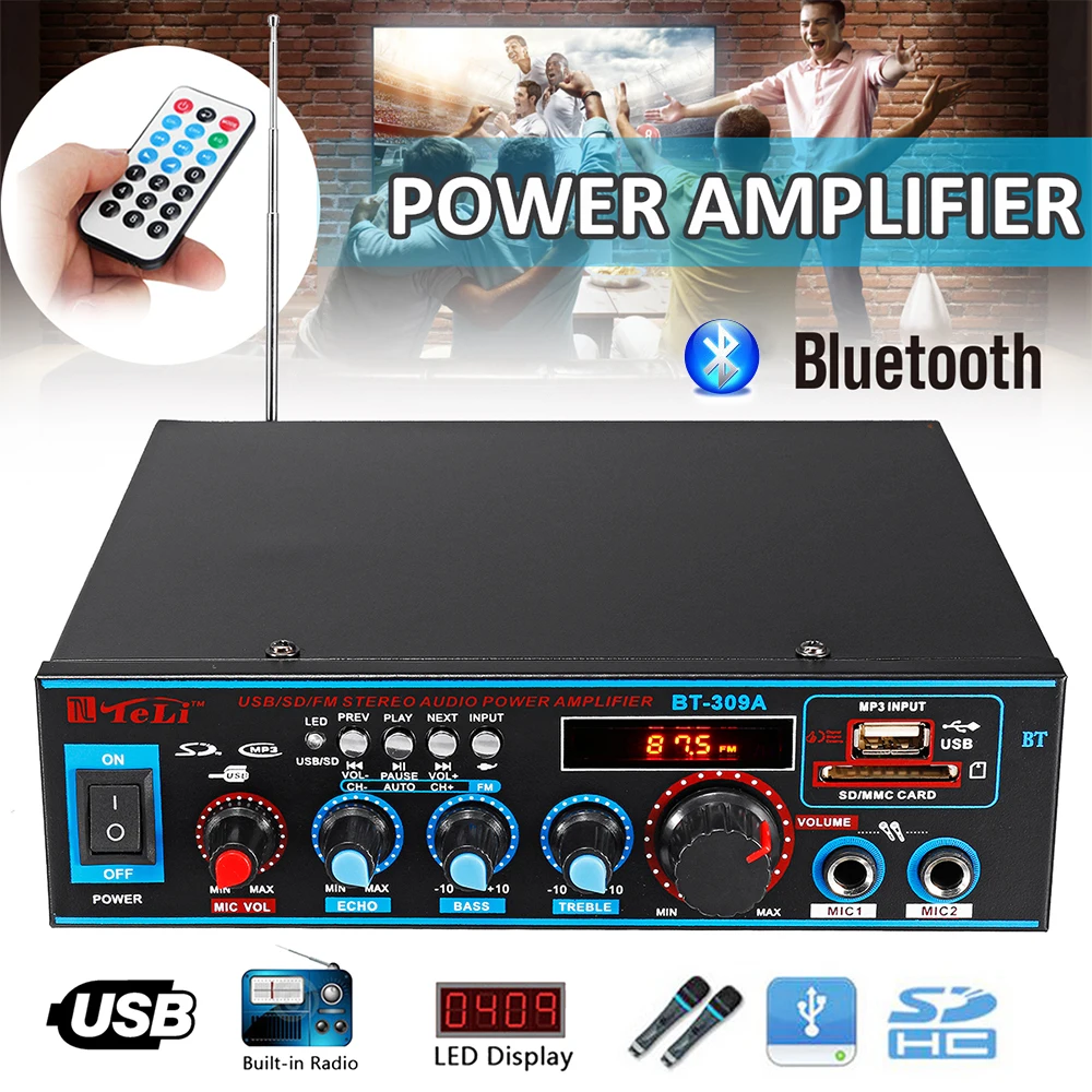 Hi Fi усилитель мощности 2 канала 800 Вт 12/220 В FM SD микрофон Bluetooth дистанционное