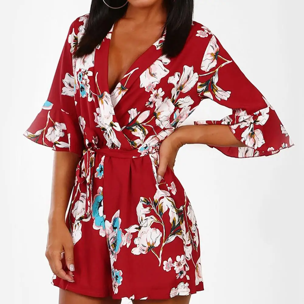 Женский праздничный пляжный комбинезон с цветочным принтом повседневный