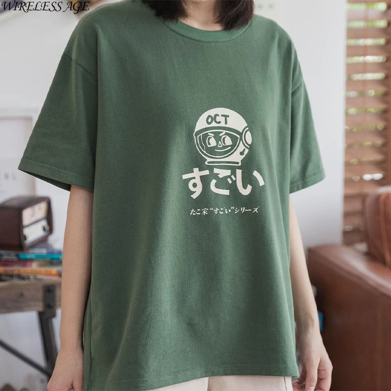 

WIRELESS AGE T Shirt Women Short Sleeve Round Neck Cartoon Letter Printed Loose Sweet Women's Tops 2021 New Summer Fashion Wild