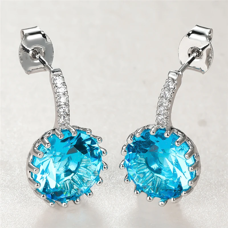 

Dainty Female Aqua Blue Crystal Earring Charm Silver Color Stud Earrings Luxury Bride Round Zirconia Wedding Earrings For Women