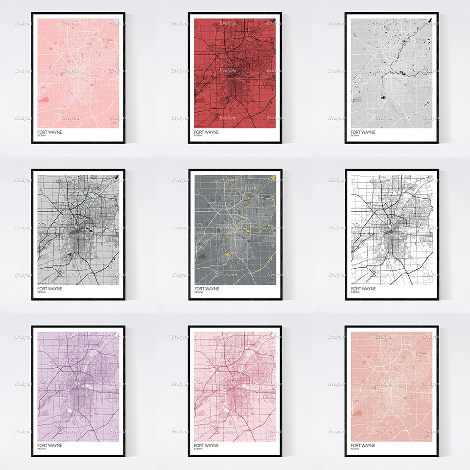 Карта из форта Уэйна Индиана скандинавский ретро-минимализм живопись плакаты и