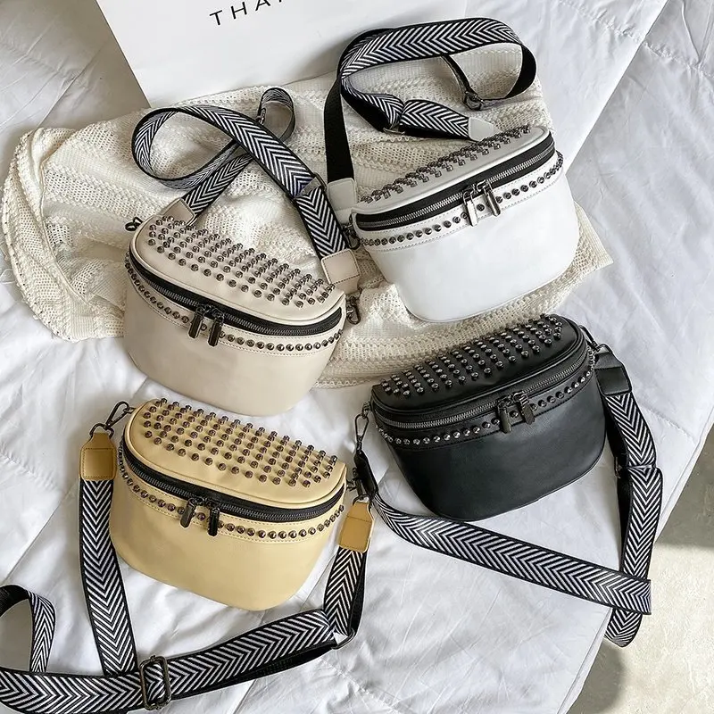 

2021 Shoulder Small Messenger Broadband Female Solid Color Handbag Fashion Trendy Rivet Waist Bag Quality Chest Bag X278H