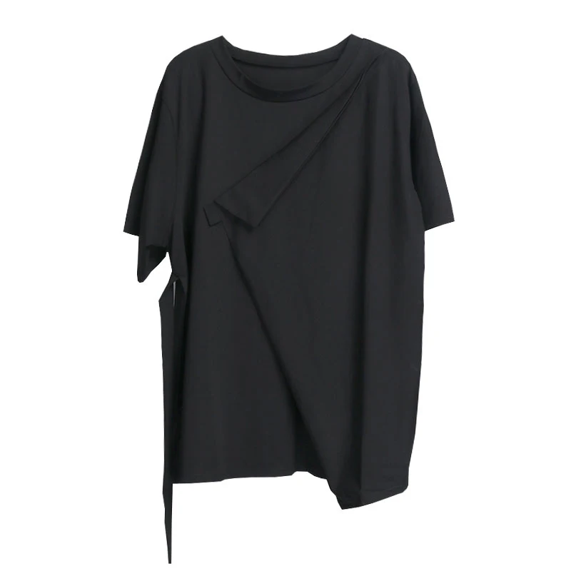 

CHICEVER Loose Black T Shirt For Women O Neck Short Sleeve Irregular Designer Solid Casual T Shirts Female 2021 Summer Style New