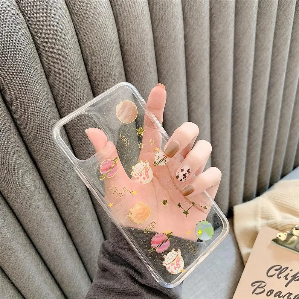 Glitter Galaxy Space Earth Lucky Cat Phone Case for iphone 11 Pro XS MAX XR X 10 7 8 6s 6 Plus Transparent Soft Back Cover Coque | Мобильные