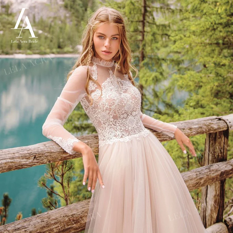 Романтический Длинный рукав свадебное платье новое розовое кружевное А силуэта