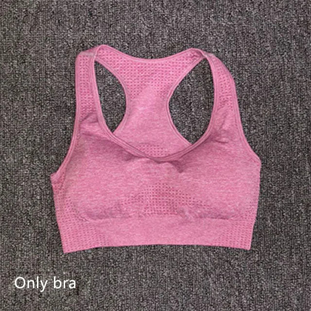 Pink bra Комплект для йоги из 3 предметов, бесшовные леггинсы+ спортивный бюстгальтер+ укороченный топ с длинными рукавами, женская одежда для зала и бега, спортивный костюм для фитнеса с высокой талией - Цвет: Pink bra