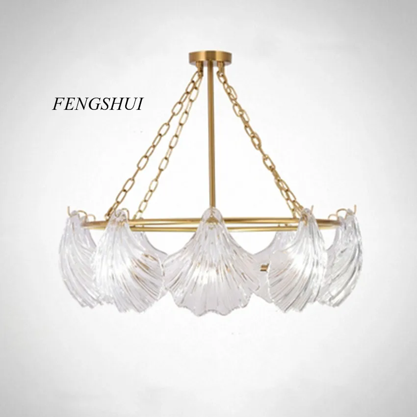 

Modern LED Luxury Brass Shell Glass Chandelier Nordic Loft Pendnat Lamp Living Room Restaurant Indoor Decoration Light Fixtures