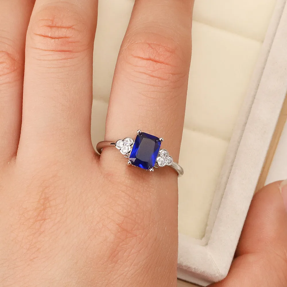 

Best selling European and American fashion S925 Sterling Silver Blue Ring zircon lucky square crystal jewelry women's gift