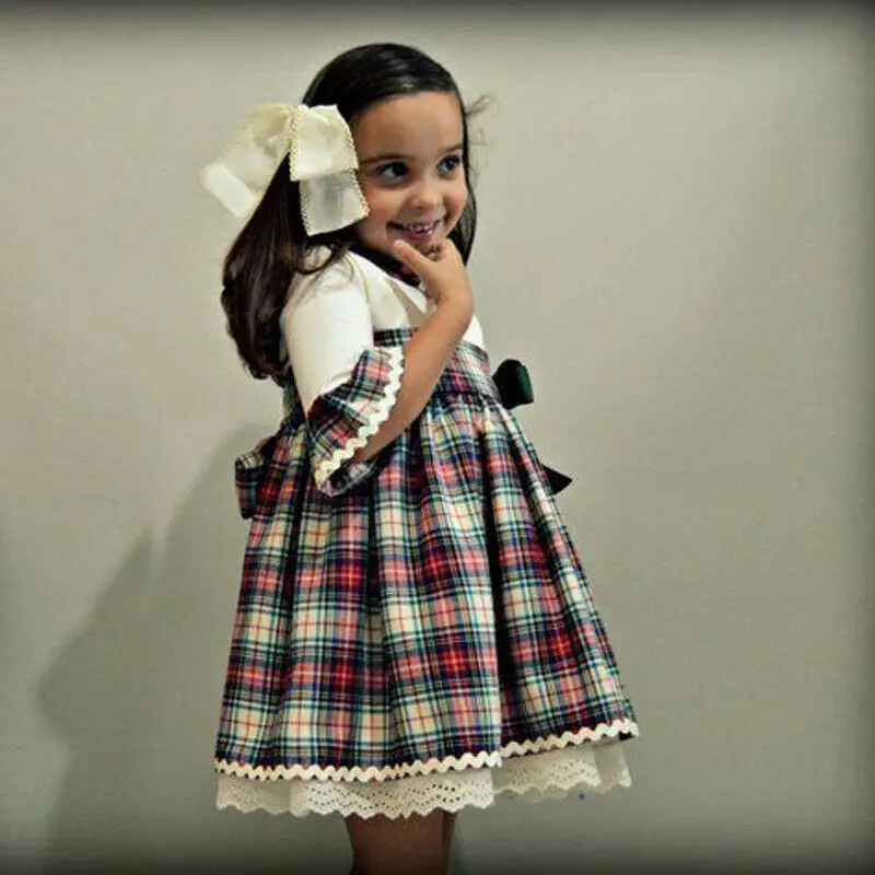 Girls Dress Half Sleeve Peter Pan Collar Vintage Princess Party Lace Flared Plaid Dresses Toddler Kids Infant Baby | Детская одежда и