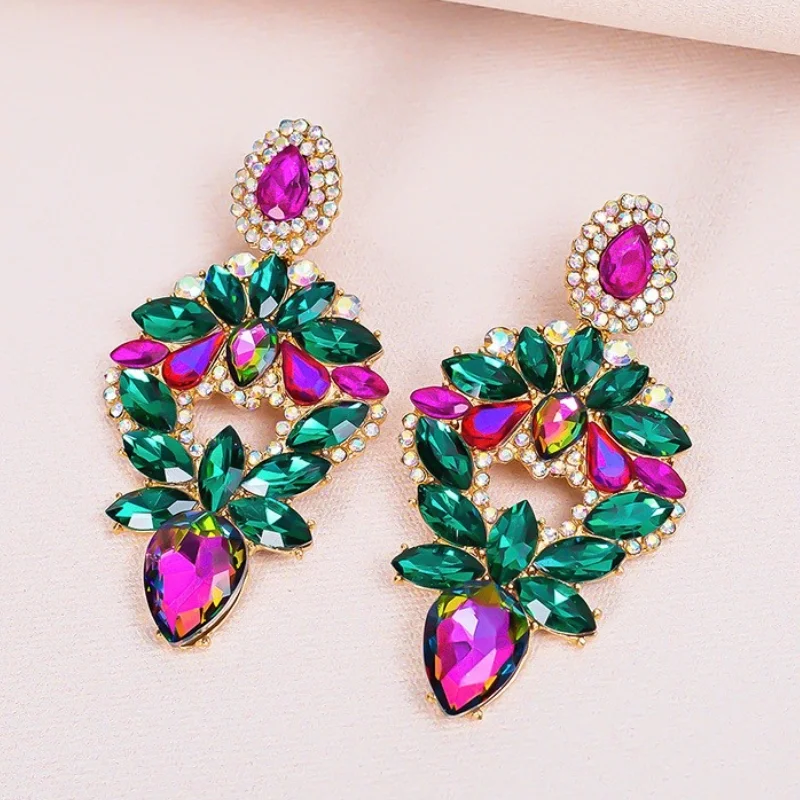 

MultiColor Flower Shape Statement Glass Stone Long Dangling Earrings Fashion Bridal Wedding Party Jewelry