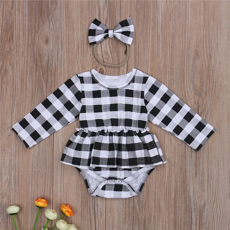 

0-18M Newborn Baby Girl Plaids Romper Long Sleeve Ruffles Jumpsuit Headband 2Pcs Playsuit Autumn Infant Baby Costumes Clothes