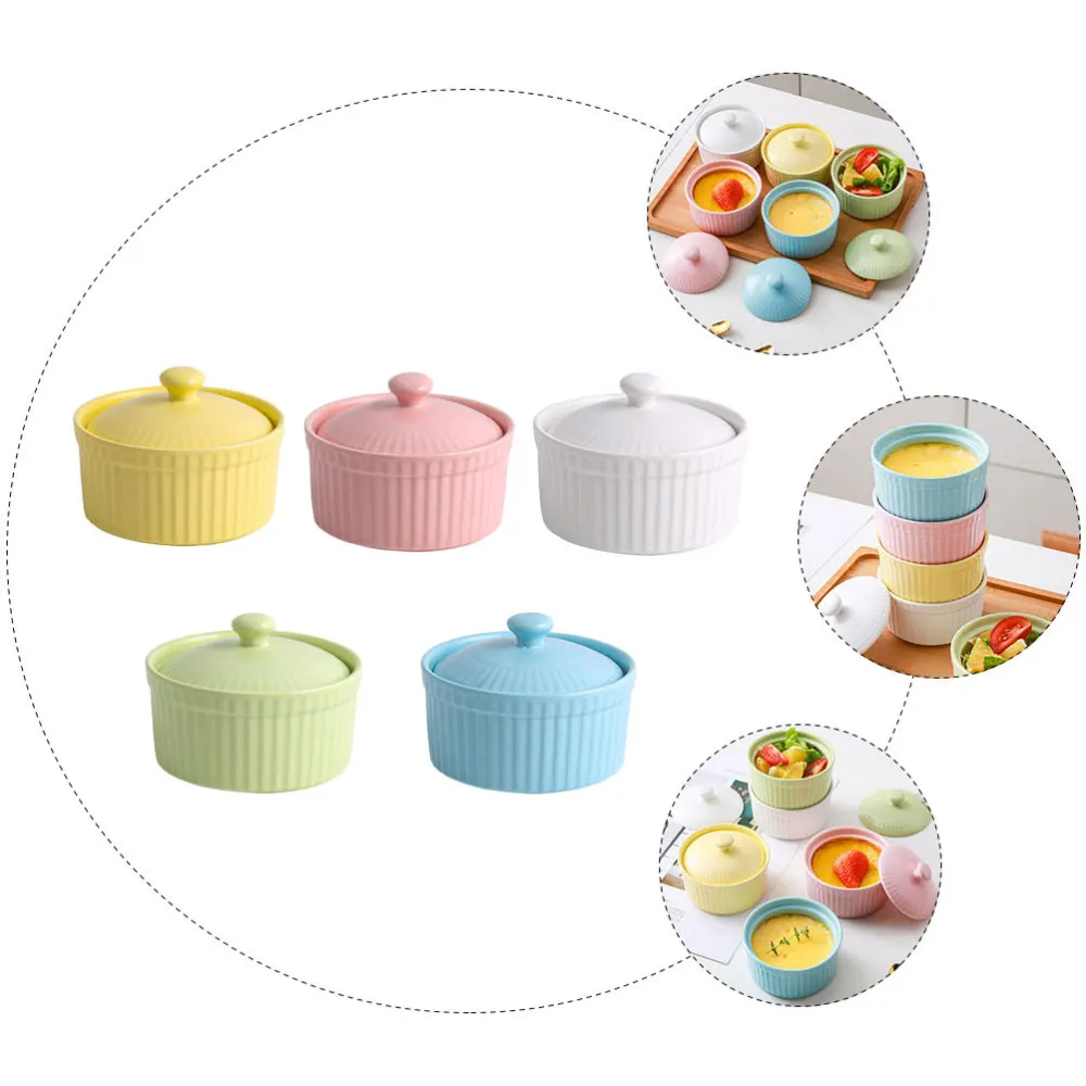 

5Pcs Ceramic Pudding Bowls Souffl Baking Bowls with Lid (Assorted Color)
