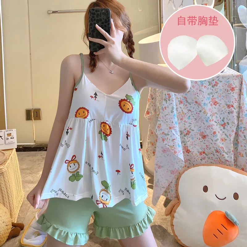 Summer Thin Sleeveless Sling Nightdress Women's Milk Silk Home Suit Sexy Nightgown & Sleepstirts Night Dress with Chest Pads