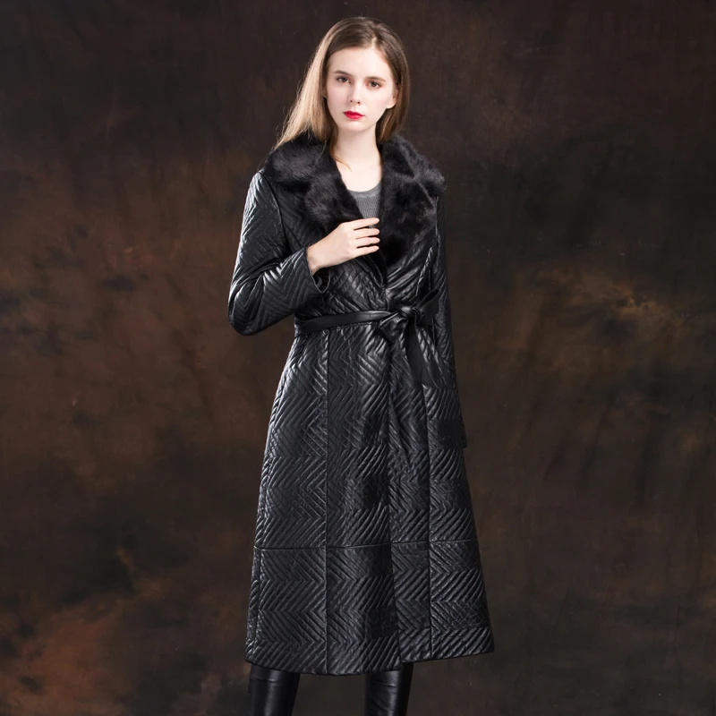 

New Womens Genuine Leather Winter Real Mink Fur Collar Female Natural Sheepskin Coat With Belt Luxury Good Quality
