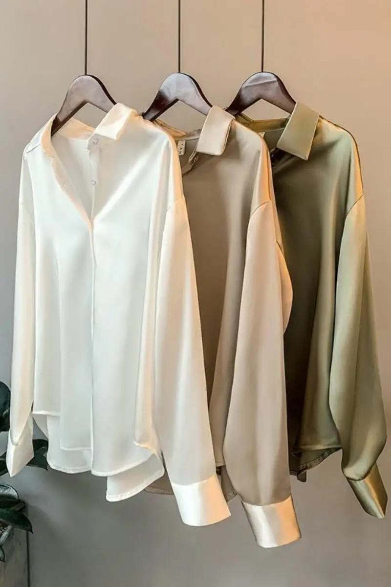 

Plus Size Women's Satin Silk Blouse Long Sleeve Lady Casual Office Work Blouse Plain Button Down Shirt Tops