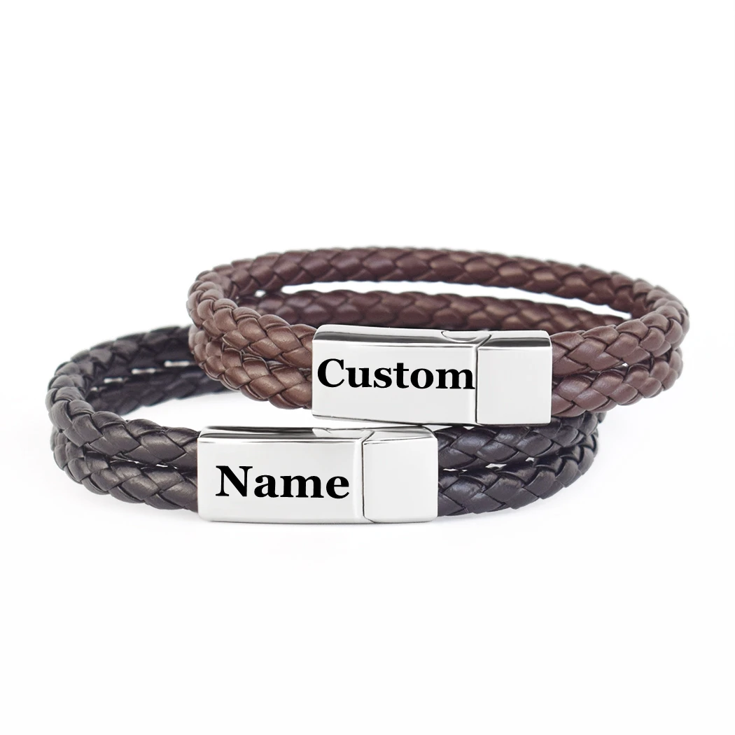 

Multi-layer Woven Leather Bracelet with Customized Names Men Women Retro Bangle As Party Wedding Gifts for Guests and Friends