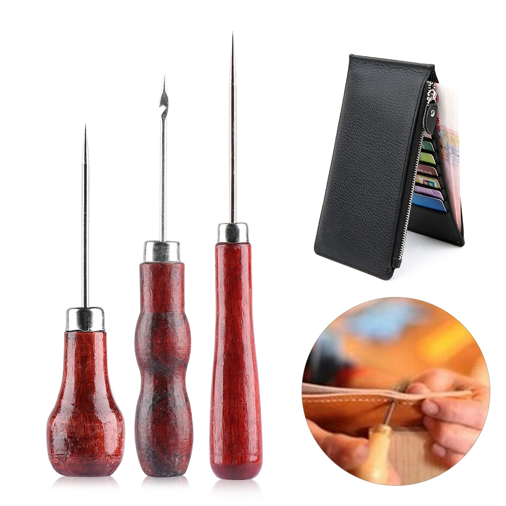 

1/3pcs Wooden Handle DIY Leather Tent Sewing Awl Pin Punch Hole Repair Tool Hand Stitcher Leathercraft Needle Sewing Accessories