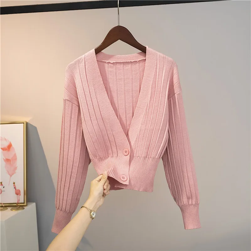 

2021 Fashion Knitted Crop Sweater Women Autumn Korean Button Short Cardigans Office lady Long sleeve Slim V Neck Solid Color