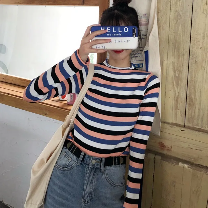 Hot Women Autumn Winter Korean Stripes print patterns which adds cool and refreshing feelings Collar Slim Bottom Knit Sweater | Женская