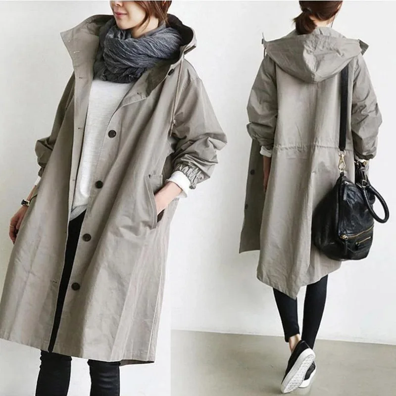 

Fashion Womens Trench Coats Hooded Long 2021 Spring Autumn Windproof Lady Female Casual Clothes 8 Color Windbreaker Korean Style