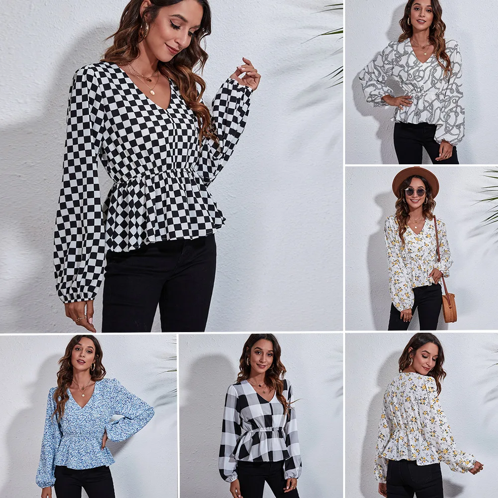 

Women Tops and Blouse 2021 Autumn Sexy V-neck Point Dot Elegant OL Shirt Casual Loose Printing Lantern Sleeve Tunic Blusas