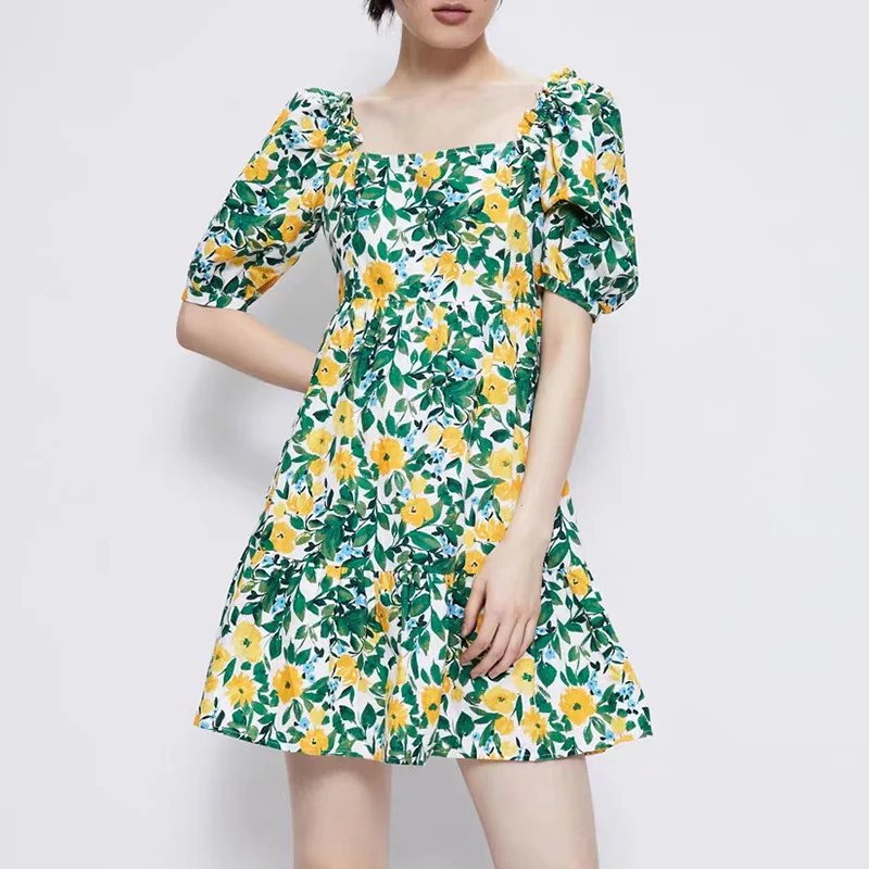 

Summer Dress Square Collar Floral Print Women Dresses Frill Puff Sleeve Ladies Dresses Women Mini Sexy Dress Summer Sundress