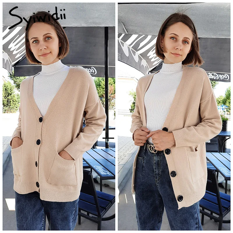 Syiwidii Comfortable Cardigan Women Knitted Sweater Jacket Fall Winter 2021 Harajuku Vintage Tops Black Yellow Brown Soft Coats |