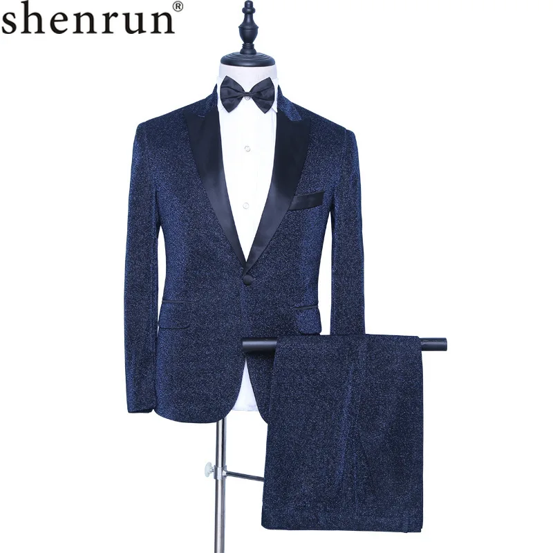 Shenrun мужской синий Модный смокинг приталенный пиджак для жениха брюки певец