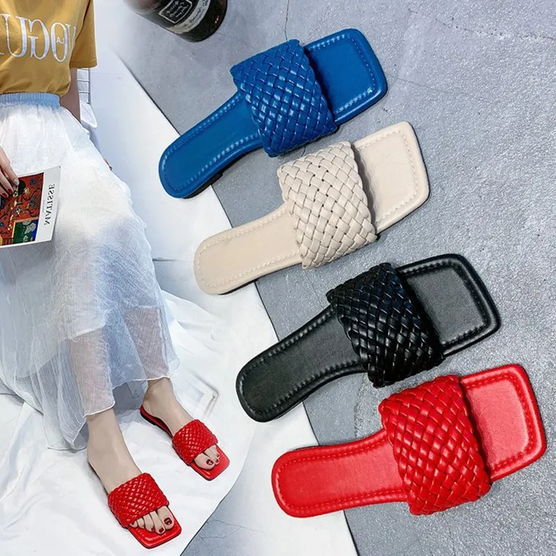 Women Slippers Summer Brand Ladies Square Toe Flat Outdoor Slides Fashion Decoration Female Shoes Open Toe Beach Lady Shoes35-40