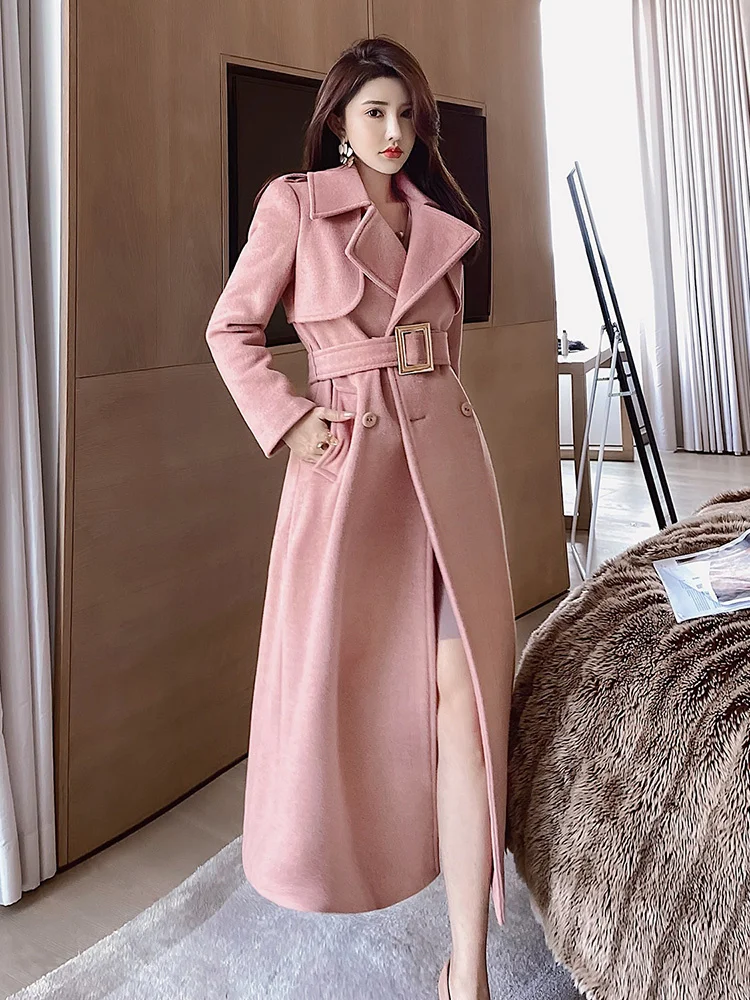 

Pink tweed coat women's middle and long 2021 new winter thickened over knee slim waist closing woolen coat women