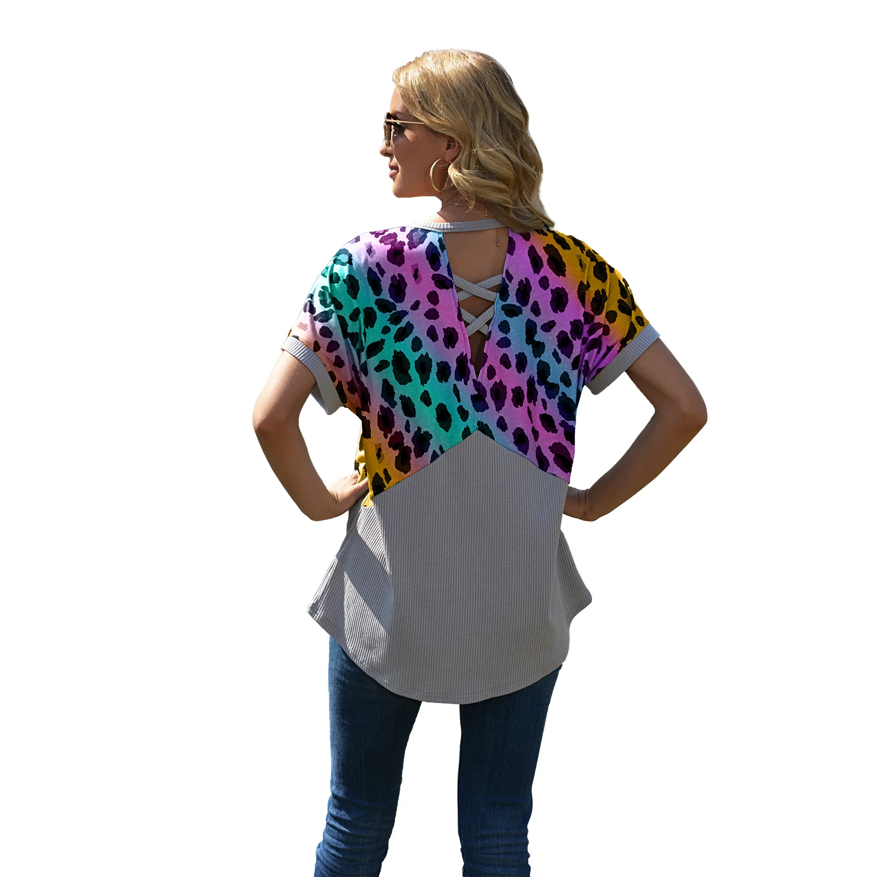 

Summer Women Color Leopard Print V Neck Short Sleeve Top W0009A