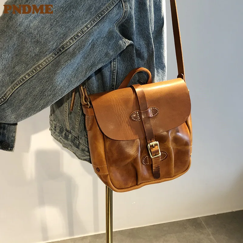 PNDME luxury natural genuine leather men's messenger bag casual retro designer real cowhide outdoor handmade brown shoulder bag