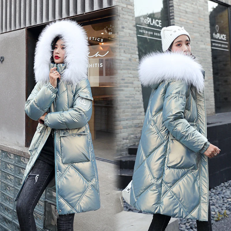 

2021 Winter Down Jacket Women Long Plus size Loose White Fur Collar Fashion Solid Color Long-sleeved Thick Hooded Down Coat