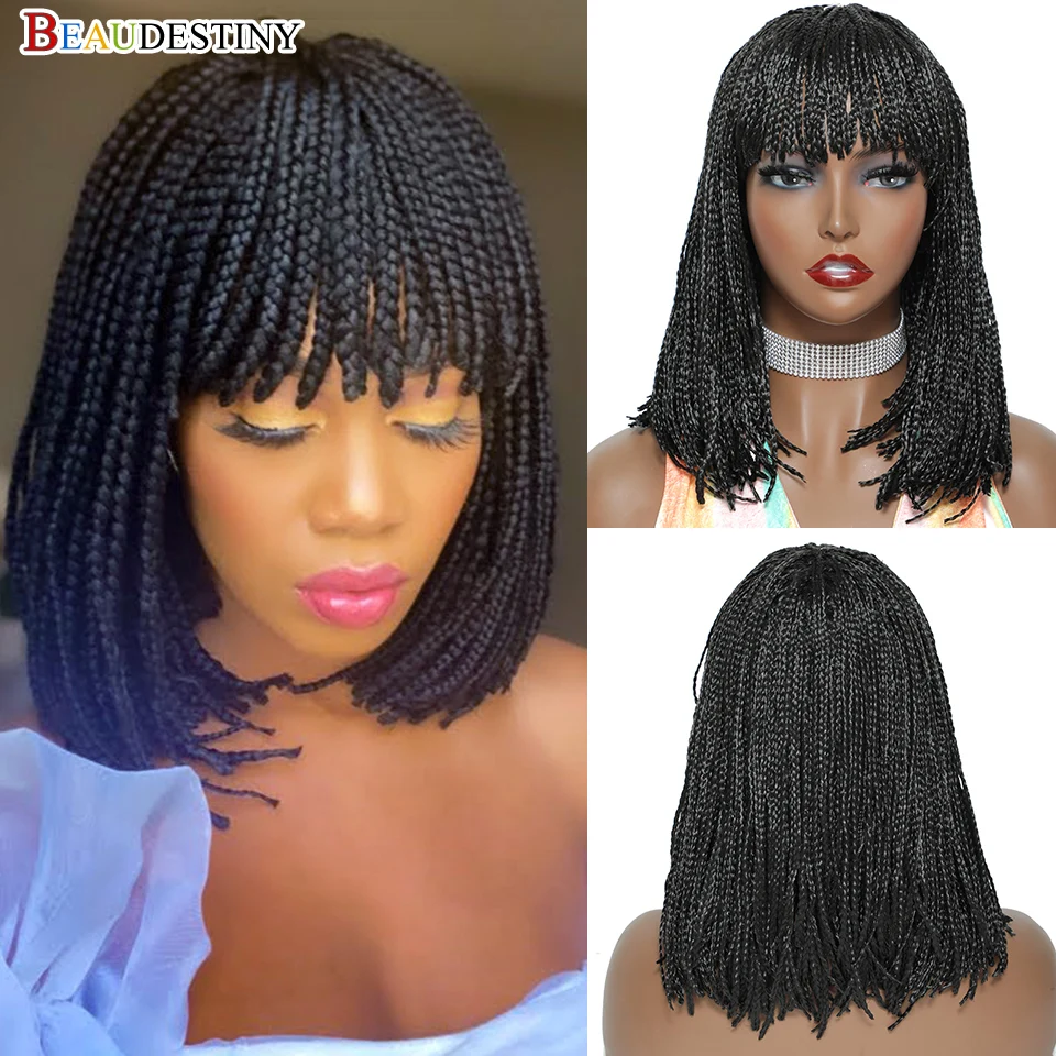 Short Braided Wigs For Black Women Heat Resistant Crochet Box Braided Bob Wig With Bangs African Synthetic Braiding Hair Wig Bob