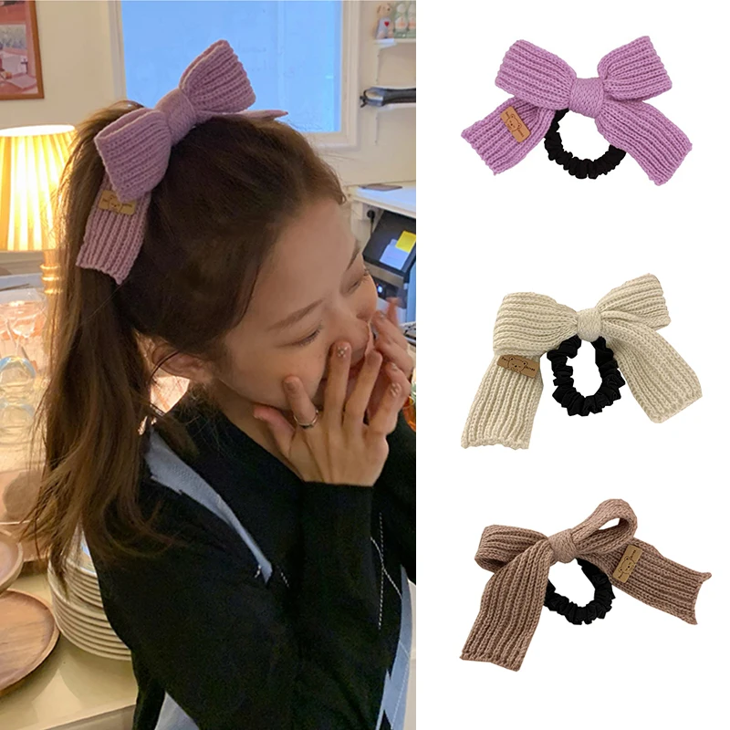 Korean Winter Wool Knitted Bow Hair Rope Solid Color Scrunchies Big Bowknot Ring Accessories Girls Bands |