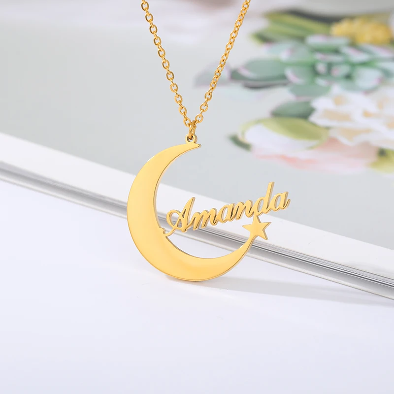 

Personalized Custom English Name Necklace Female Creative Stainless Steel Moon Star Name Necklace Pendant Choker Jewelry BFF