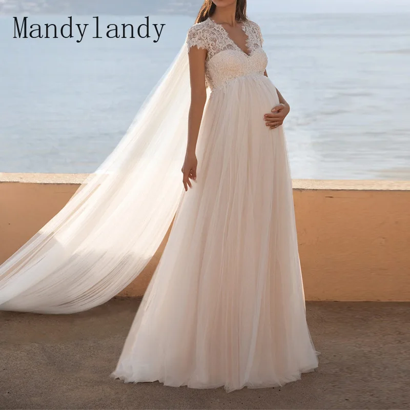 

Mandylandy Pregnant Women Bridal Gowns Lace Wedding Party Dress Short Sleeve V Neck Mermaid Bridal Prom