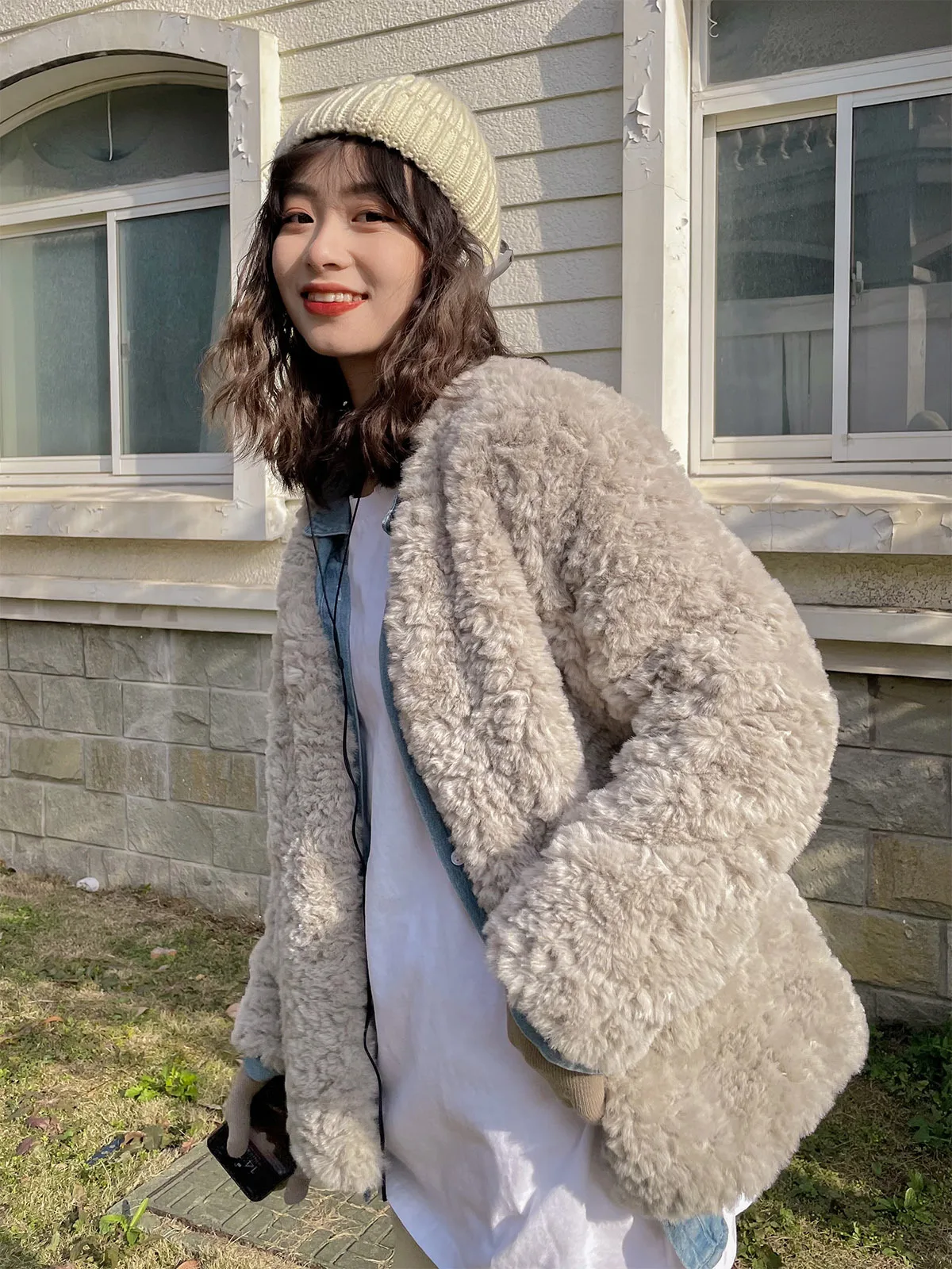 JESSIC Fashion Crewneck Sheepskin Coat Loose Warm Plush Thermal Parkas Cardigan In Winter Short Short Rabbit Fur Plush Fur Top
