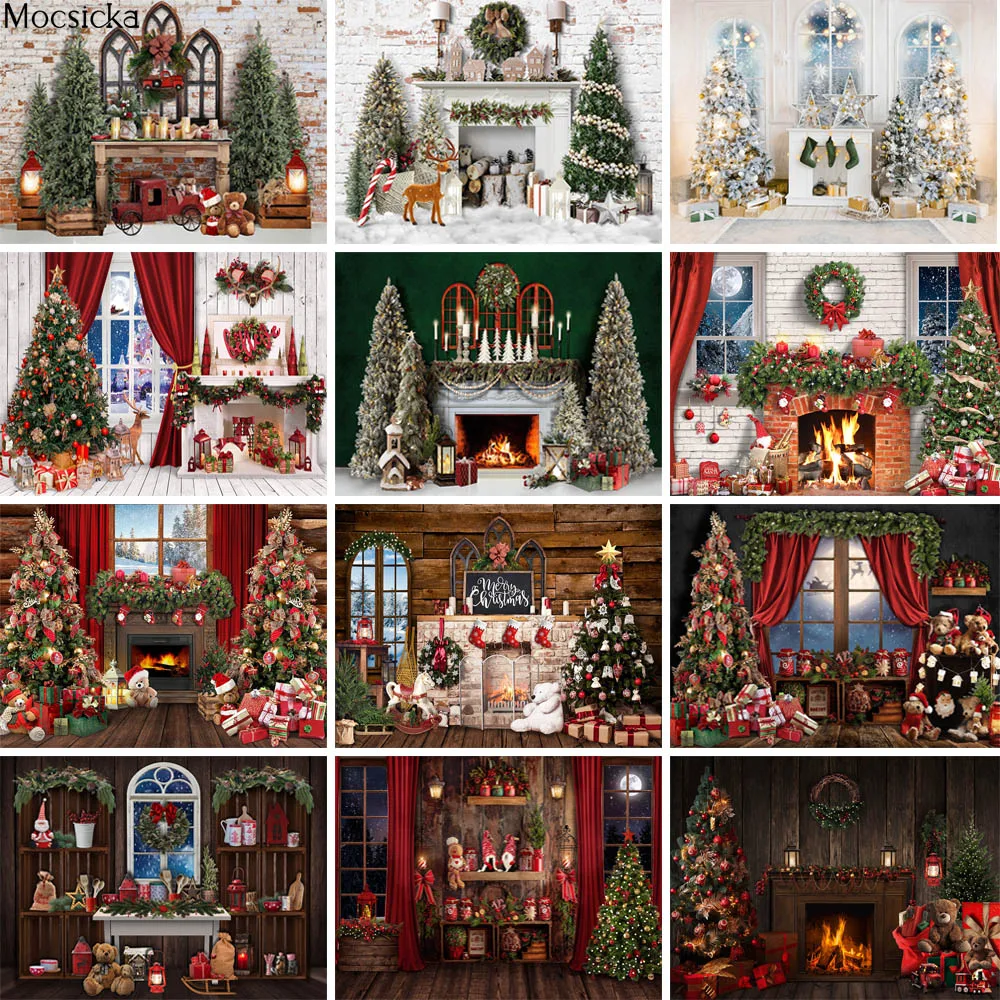 

Christmas Fireplace Photography Backdrop Winter Christmas Tree Wooden Wall Decoration Family Portrait Photo Background Photocall