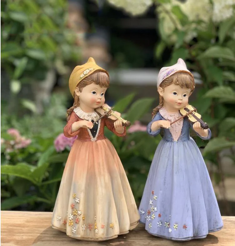 American Country Park Playing Violin Skirt Girl Resin Sculpture Home room Desktop Figurines Decoration Garden Ornaments Crafts