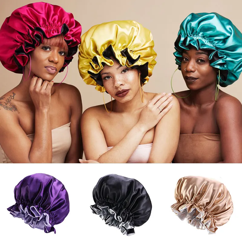 

New Fashion Women Satin Night Sleep Cap Hair Bonnet Hat Silk Head Cover Elastic Band Nightcap Bath Spa bonnet de nuit