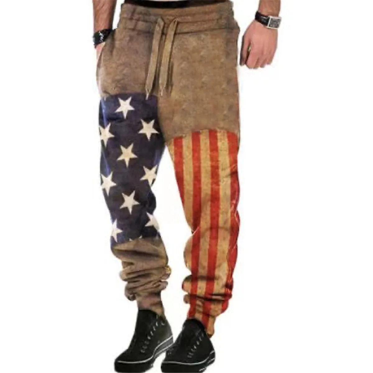 

IN Denpendence Day Men Trousers Adults Star Stripe Print High Elastic Waist Long Pants Pencil Pants