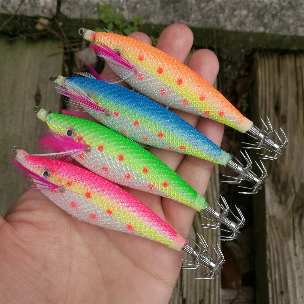 

8pcs Fishing Lure 11cm/13.5g Squid Hook Fishing Wobblers Jigs Octopus Cuttlefish Wood Shrimp Hard Baits 3D Eyes