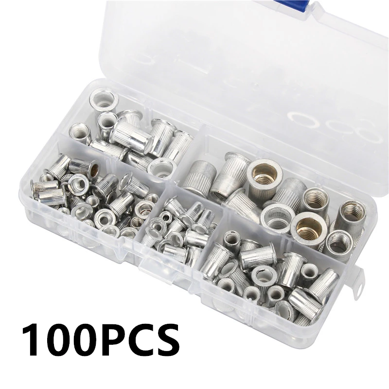 

100PCS Aluminum Rivet M3 M4 M5 M6 M8 NutsInsert Rivets Multi Size Flat Head Rivet Nuts Set