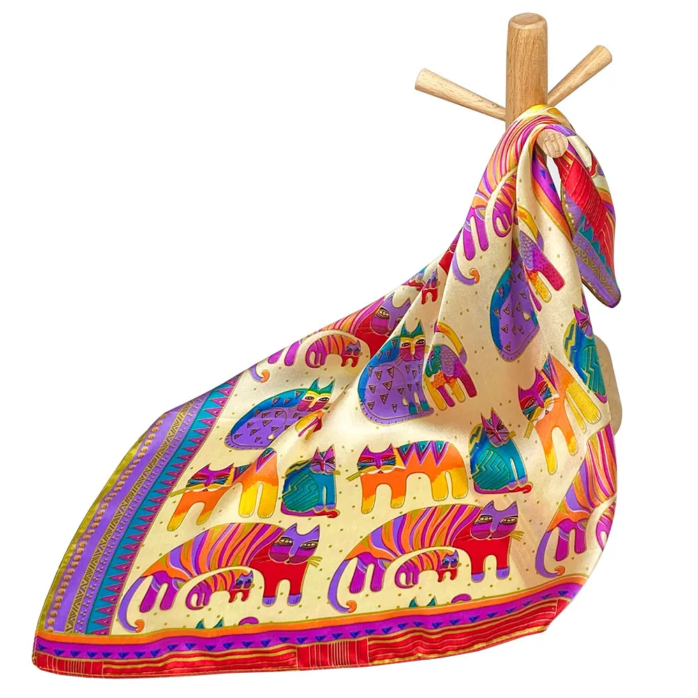 

Шарф из чистого шелка, Женская бандана, носовой платок с принтом кота, женский шарф для волос, Женский натуральный шелк, шейный шарф