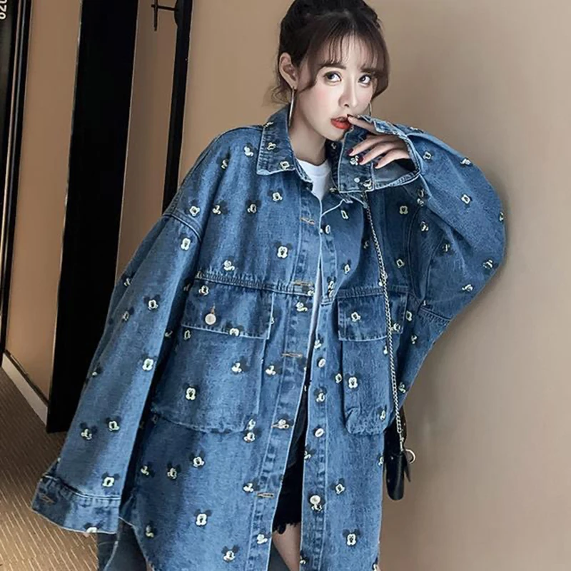 Куртка женская джинсовая с большими карманами свободная синяя длинная